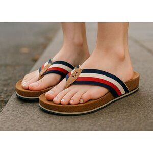 Tommy Hilfiger Womens Flag Stripe Summer Comfortable Sandals Sz 8.5 Tan/Blue/Red